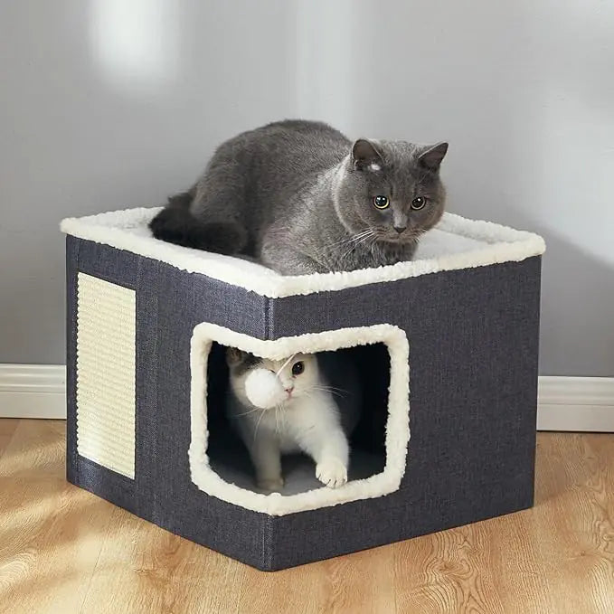 Foldable Cat House with Scratching Board and Ball