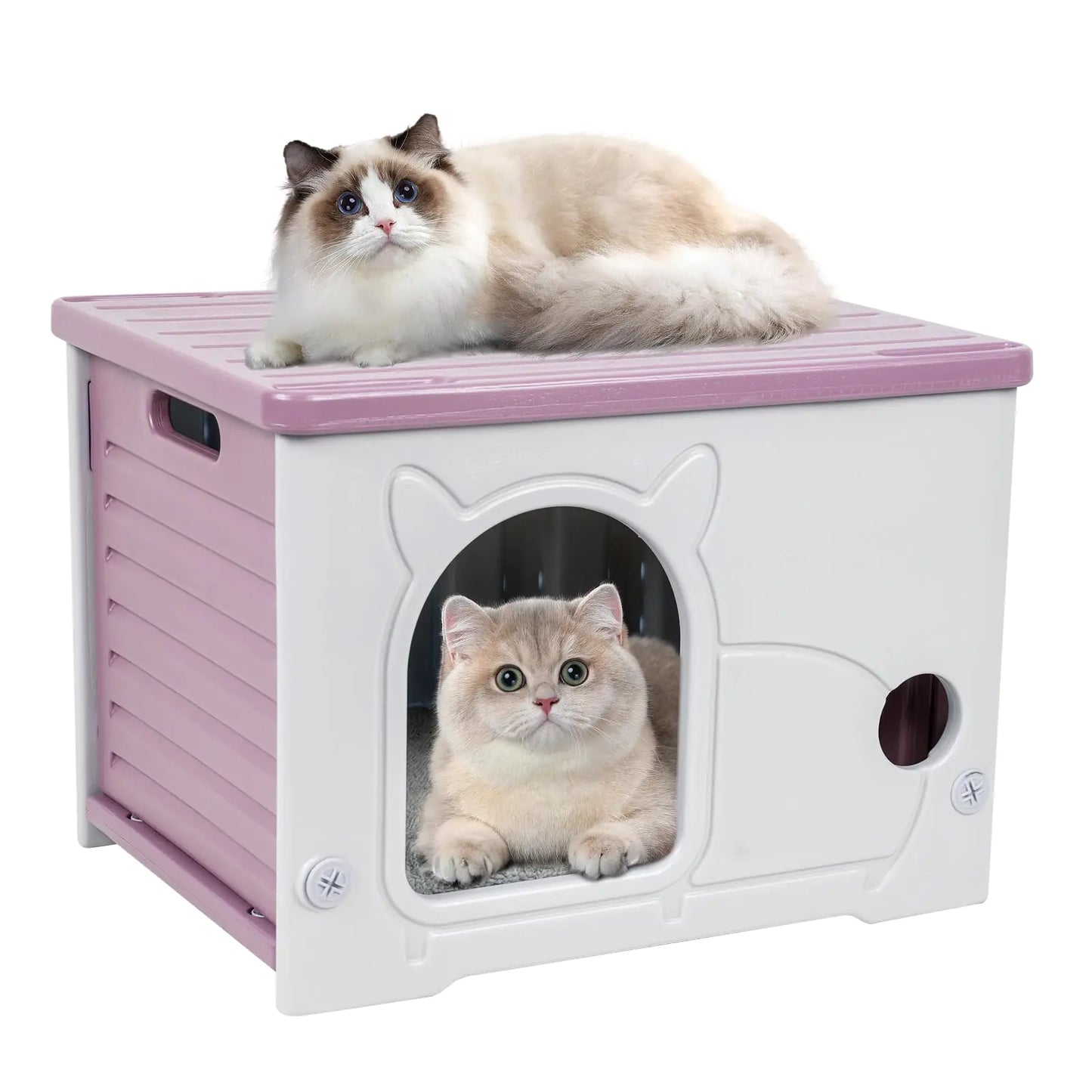 Plastic Cat House for Indoor Outdoor Weatherproof Outside Cat House for Feral Cat Stackable Cat Shelter with Plush Cushion (Pink)