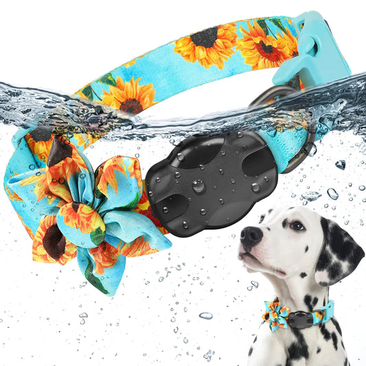 Airtag Dog Collar Original AirTag Dog Collar Holder Rose-Pink Cute Dog Collar with 100% Waterproof Airtag Case Adjustable Air Tag Accessories for CatPuppy and Small Dogs… (Teal-Sunflower S)