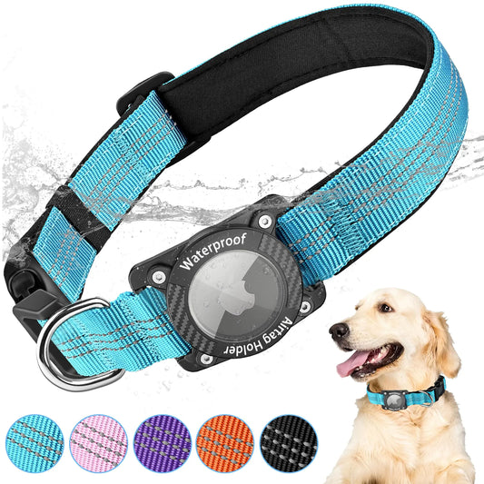 AgoumLux Airtag Dog Collar Apple Airtag Holder for Reflective Dog Collar Waterproof Nylon Dog Collar for Apple Air Tag GPS Tracker Pet Collar for Small Medium Large Dogs Blue S
