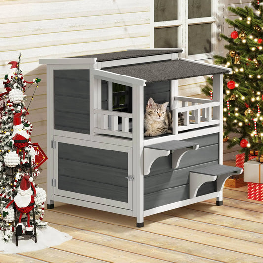 YITAHOME Two Story Outdoor Cat House with Balcony Large Feral Villa Cat Shelter Weatherproof 2 Story Outside Cat House for Multiple Cats