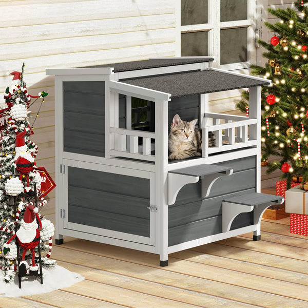 YITAHOME Two Story Outdoor Cat House with Balcony Large Feral Villa Cat Shelter Weatherproof 2 Story Outside Cat House for Multiple Cats