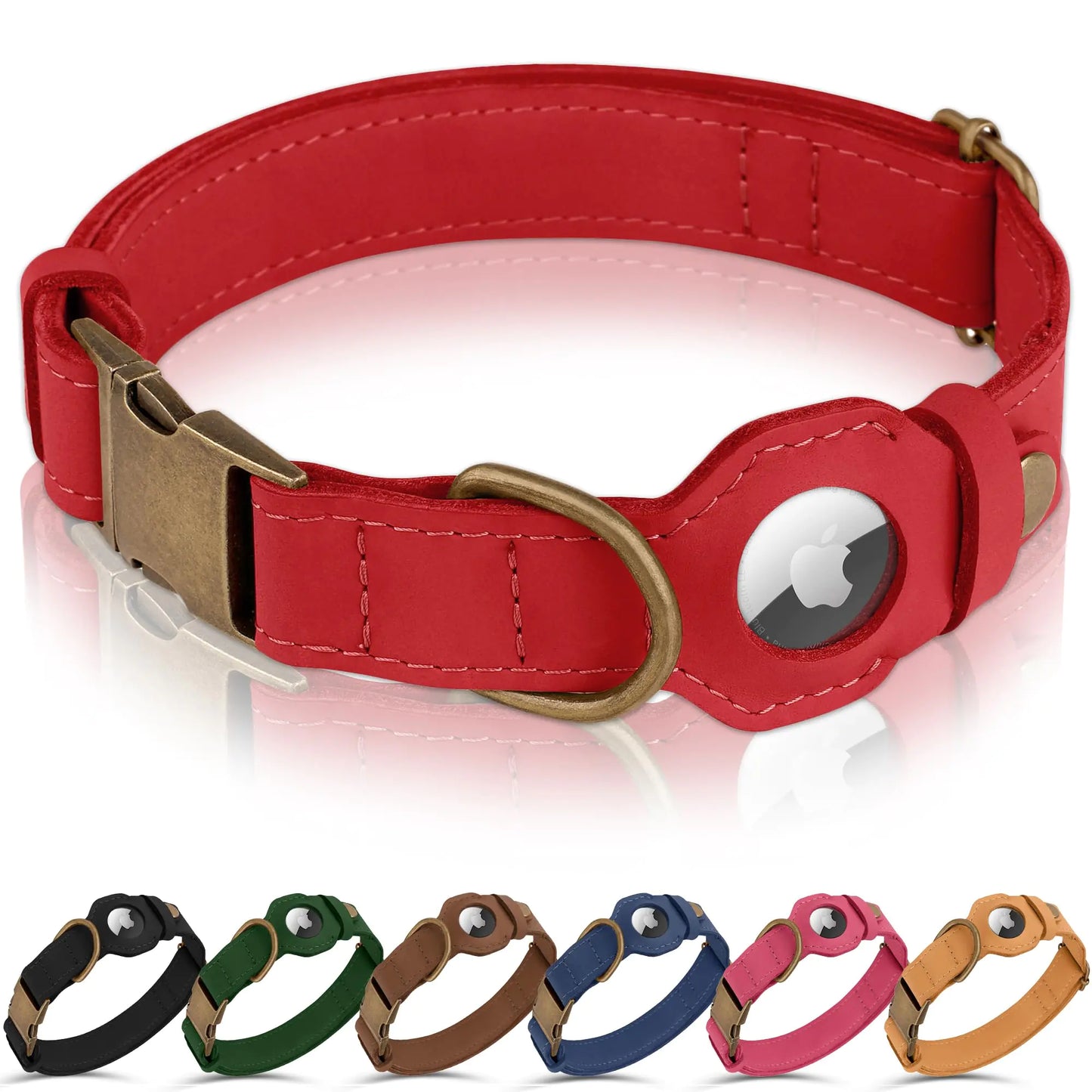 BUDKAS AirTag Dog Collar - Genuine Leather Dog Collar with Apple AirTag Holder and Metal Buckle - Smart GPS Tracking Pet Collars for Small Medium Large Dogs Puppy (Red L 17"-21" Neck Fit)