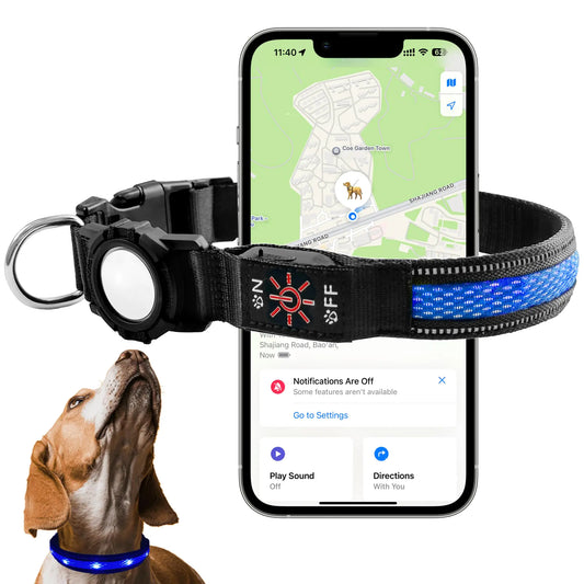 AirTag Pet Dog Tracker Collar & Equipped with Tracker; LED Light Up Collar;Built-in QR Dog Tag & AirTag Holder; No Monthly Fees; Adjustable Size (Blue Or Pink Color).