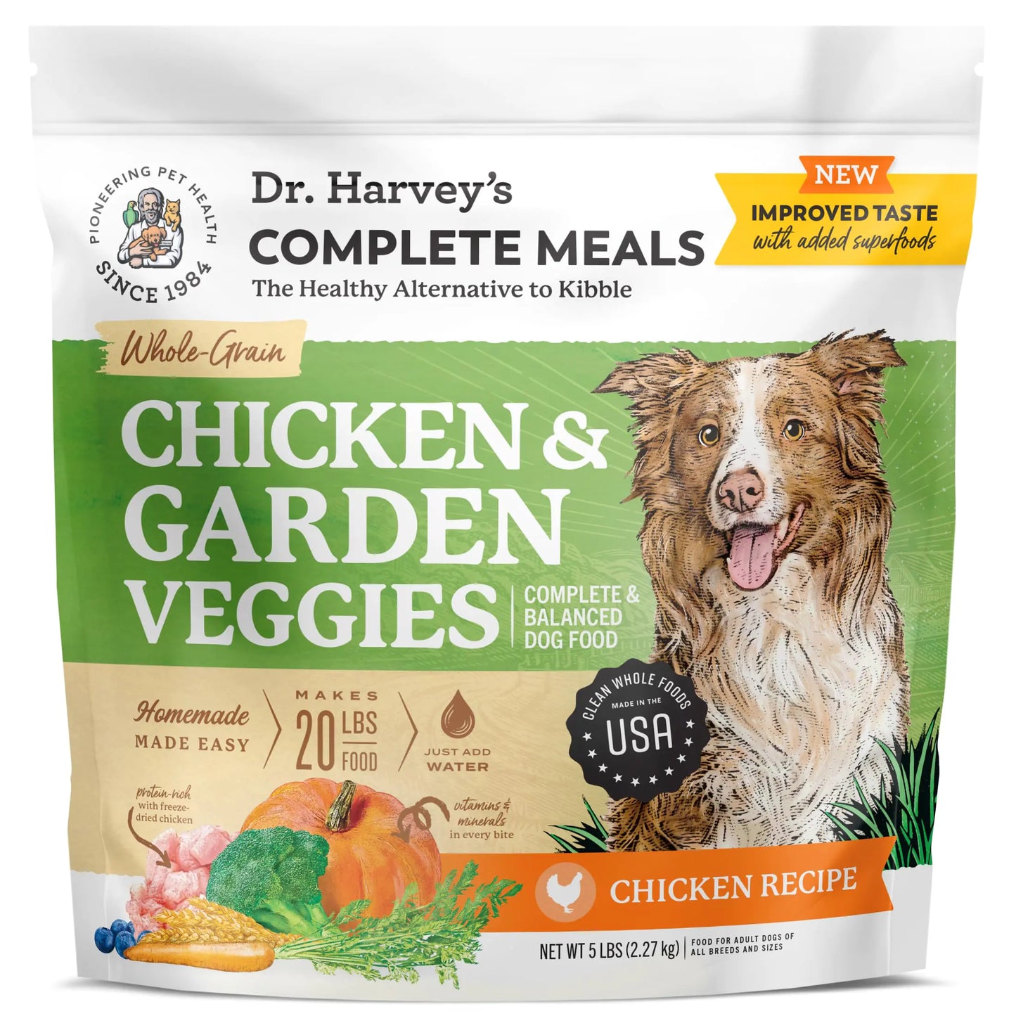Dr. Harveys Chicken & Garden Veggies Dog Food Human Grade Whole-Grain Dehydrated Dog Food with Freeze-Dried Chicken (5 Pounds)
